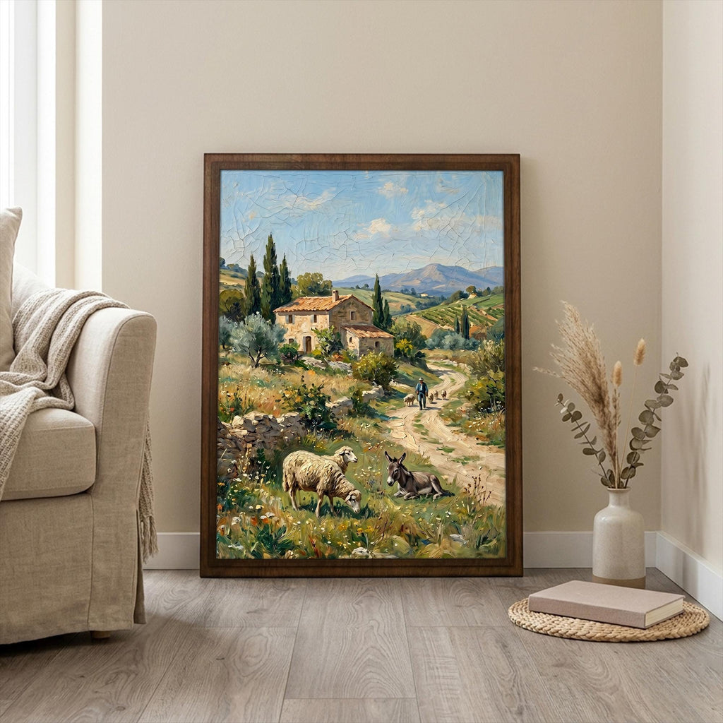 Tuscany Landscape Art, Countryside Wall Art, Framed Canvas Wood Art, Italian Villa Decor, Farmhouse Sheep Painting, Rustic Home Decor