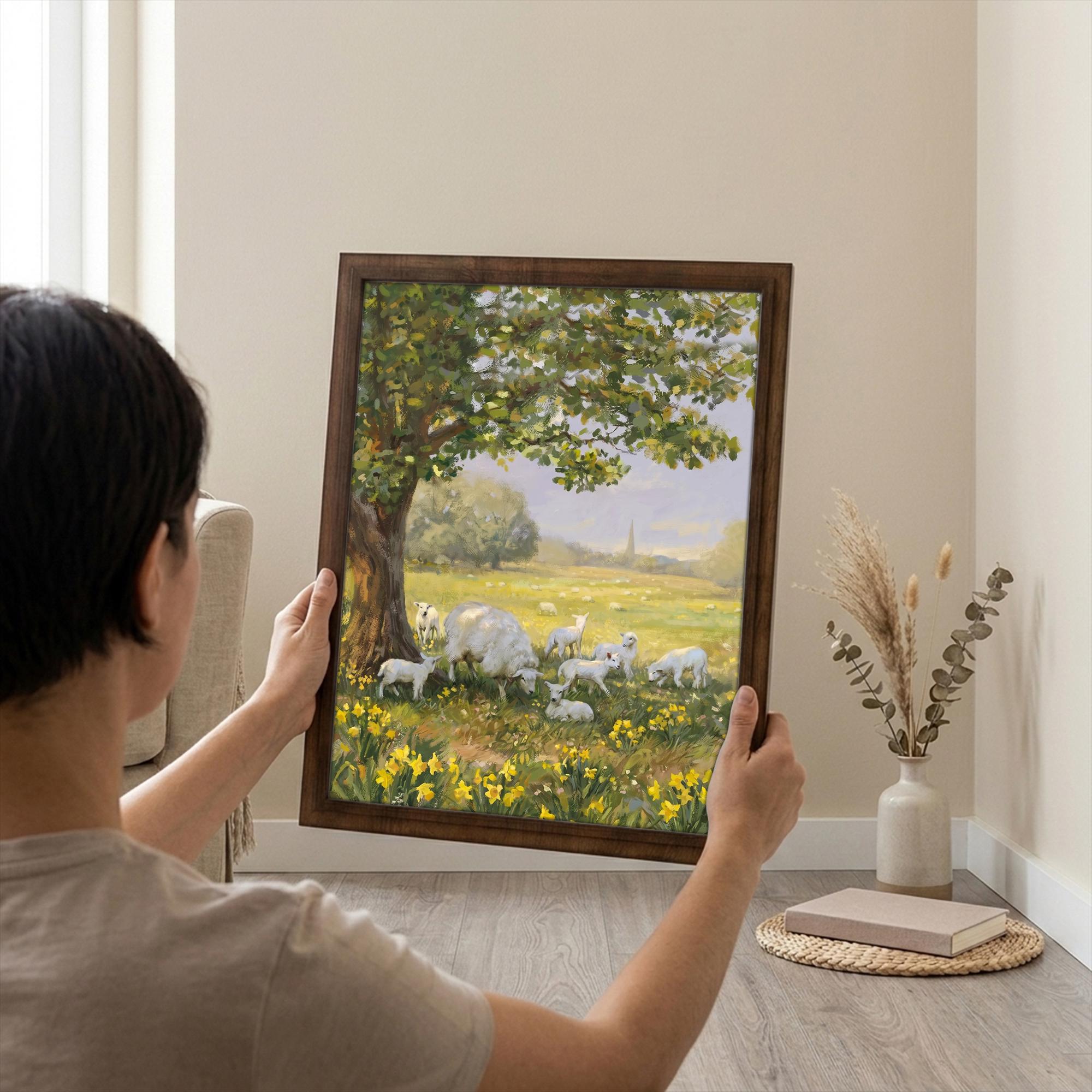 Sheep Nursery Wall Art, Spring Landscape Print, Framed Canvas Wood Art, Cute Lamb Painting, Cottagecore Decor, Farmhouse Spring Decor