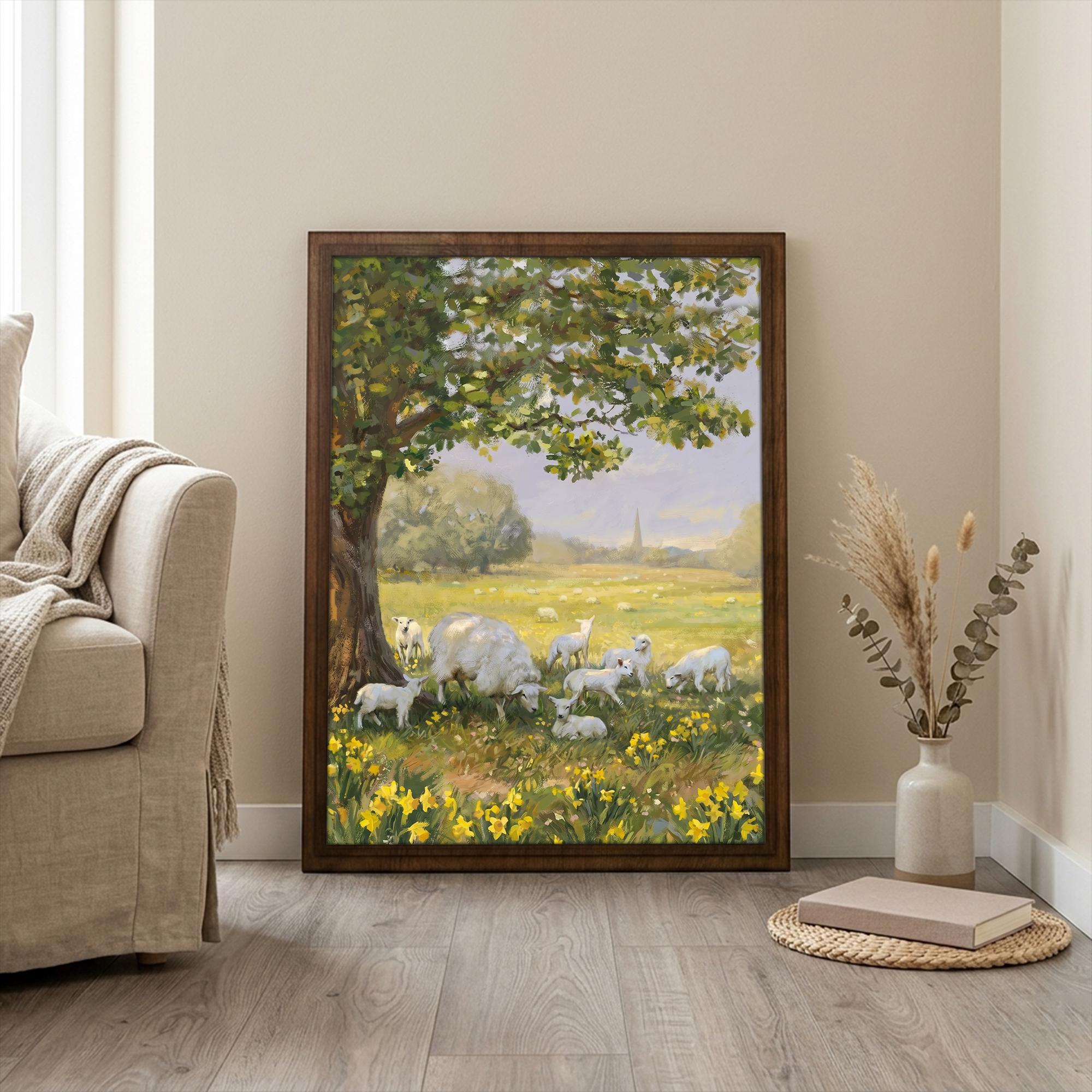 Sheep Nursery Wall Art, Spring Landscape Print, Framed Canvas Wood Art, Cute Lamb Painting, Cottagecore Decor, Farmhouse Spring Decor