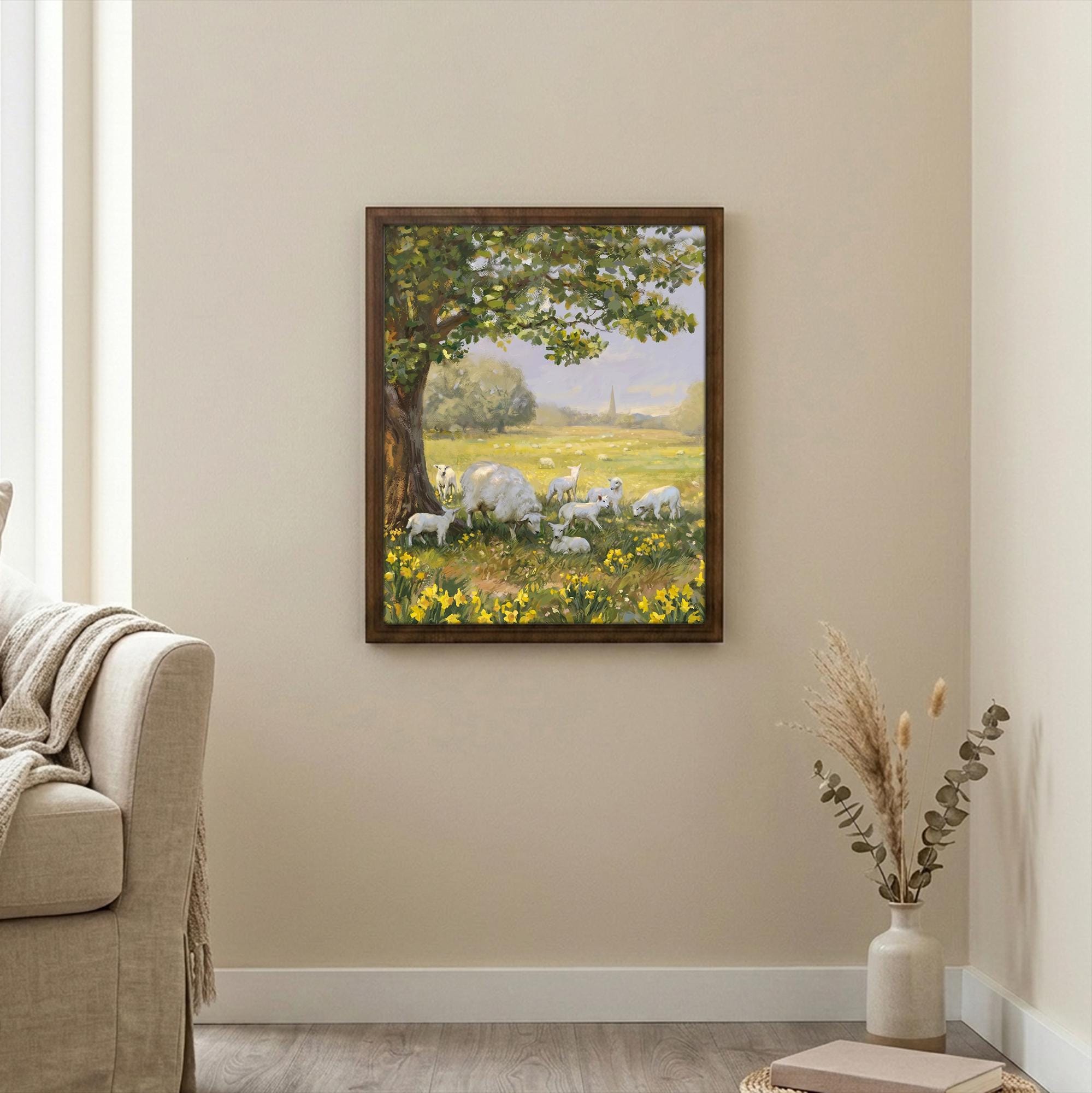 Sheep Nursery Wall Art, Spring Landscape Print, Framed Canvas Wood Art, Cute Lamb Painting, Cottagecore Decor, Farmhouse Spring Decor