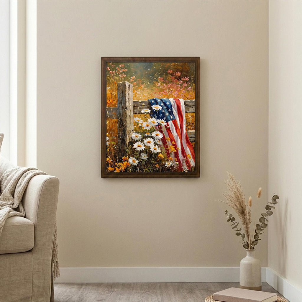 Patriotic Wall Art, American Flag Decor, Rustic 4th of July, Framed Canvas Wood Art, Country Daisy Painting, Veterans Day Gift
