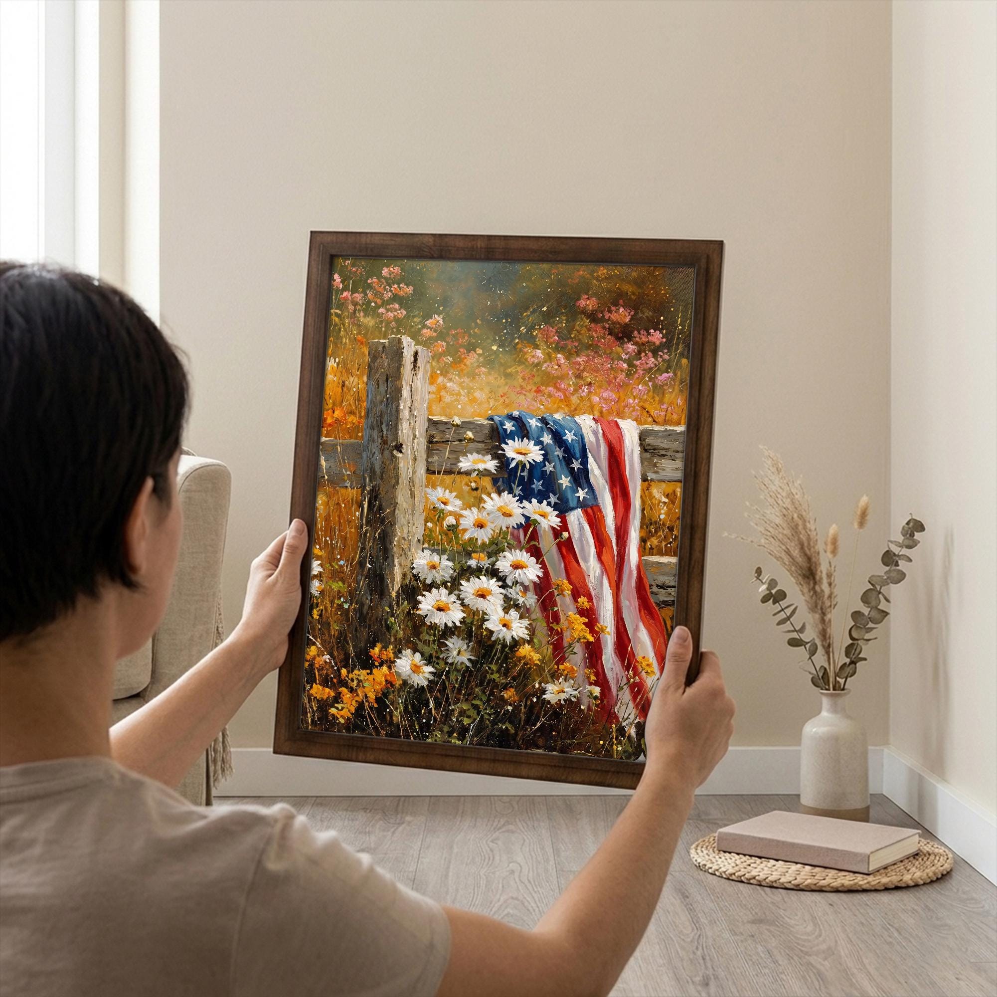 Patriotic Wall Art, American Flag Decor, Rustic 4th of July, Framed Canvas Wood Art, Country Daisy Painting, Veterans Day Gift