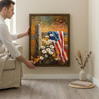 Patriotic Wall Art, American Flag Decor, Rustic 4th of July, Framed Canvas Wood Art, Country Daisy Painting, Veterans Day Gift