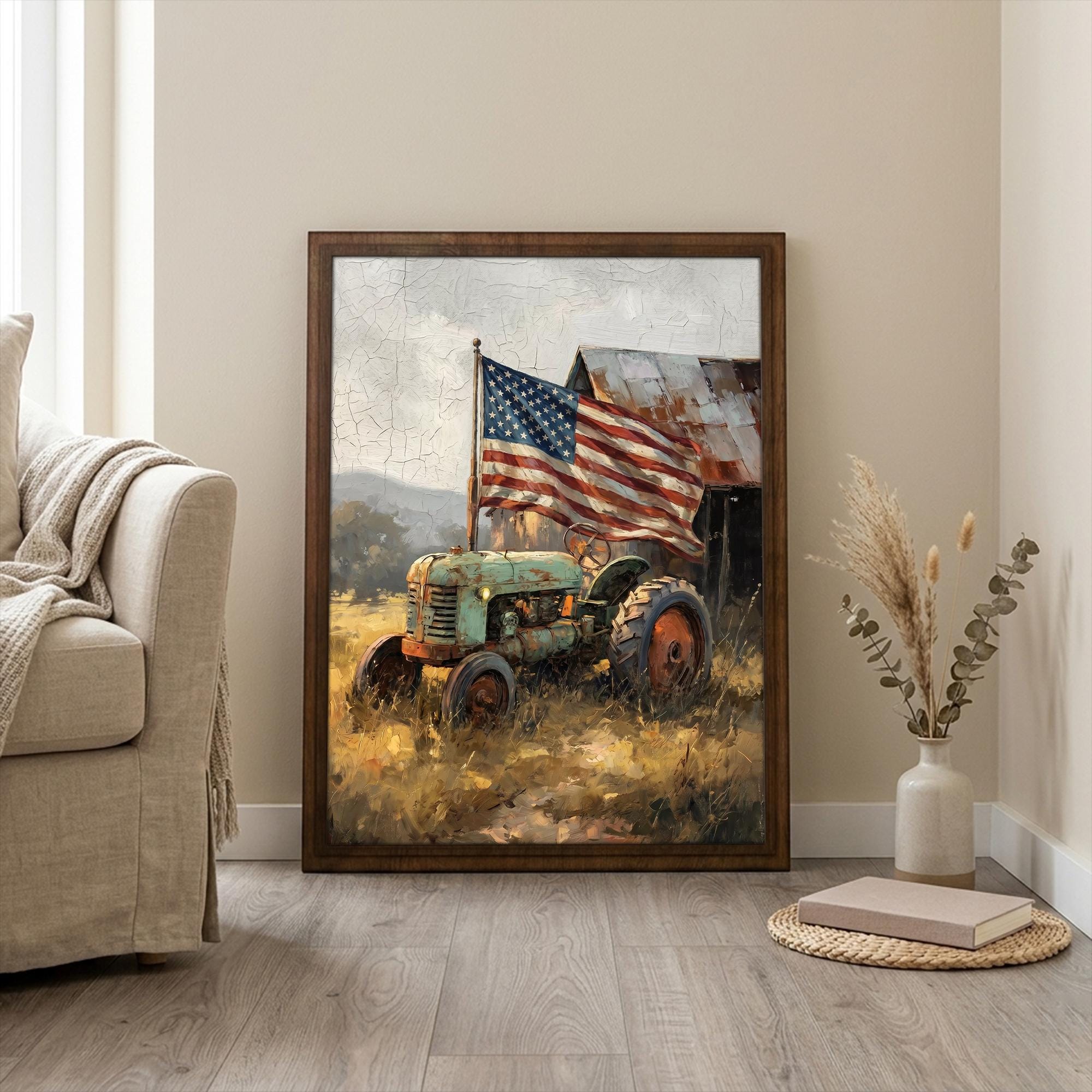 Patriotic Tractor Wall Art, American Flag Canvas, Vintage Farmhouse Decor, Rustic Barn Painting, 3D Layered Wood Frame, US Flag Gift