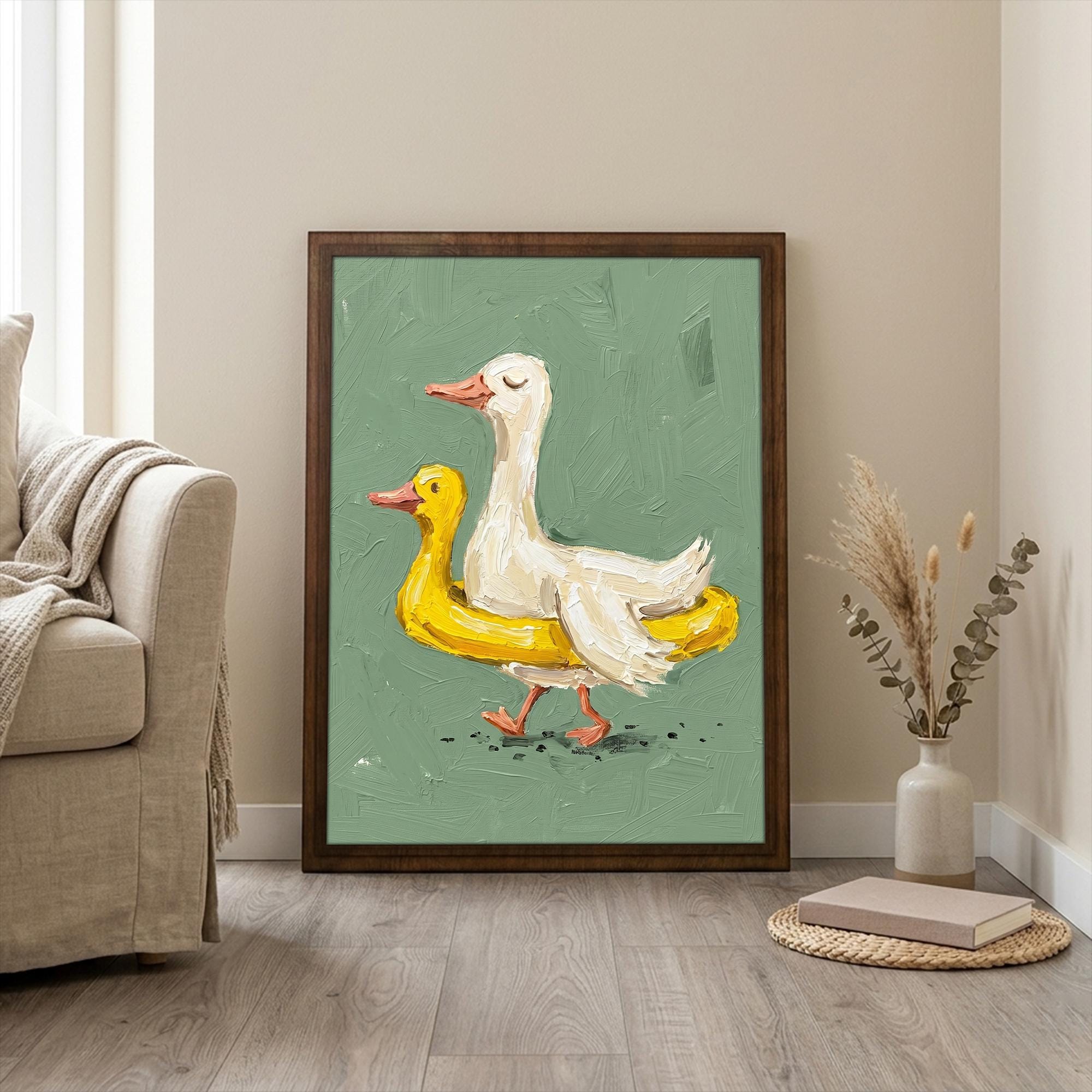 Funny duck wall art, Cute duckling decor, Sage green wall art, Whimsical nursery sign, Country kitchen decor, Wooden canvas framed art