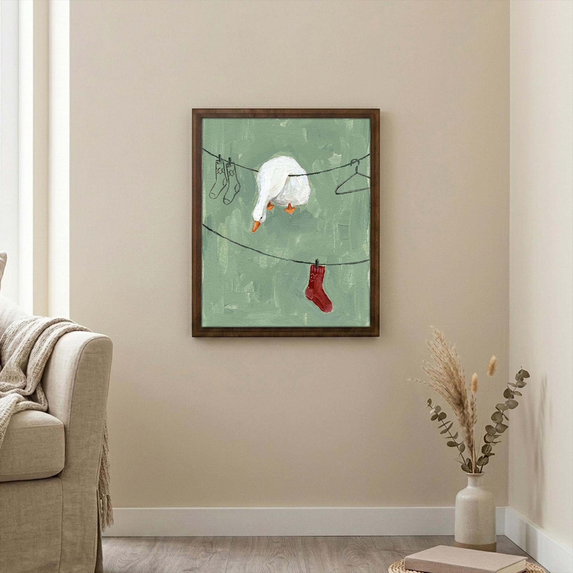 Funny goose wall art, Laundry room decor, Sage green wall art, Cute duck sign, Whimsical cottagecore art, Framed wood canvas, Goose print