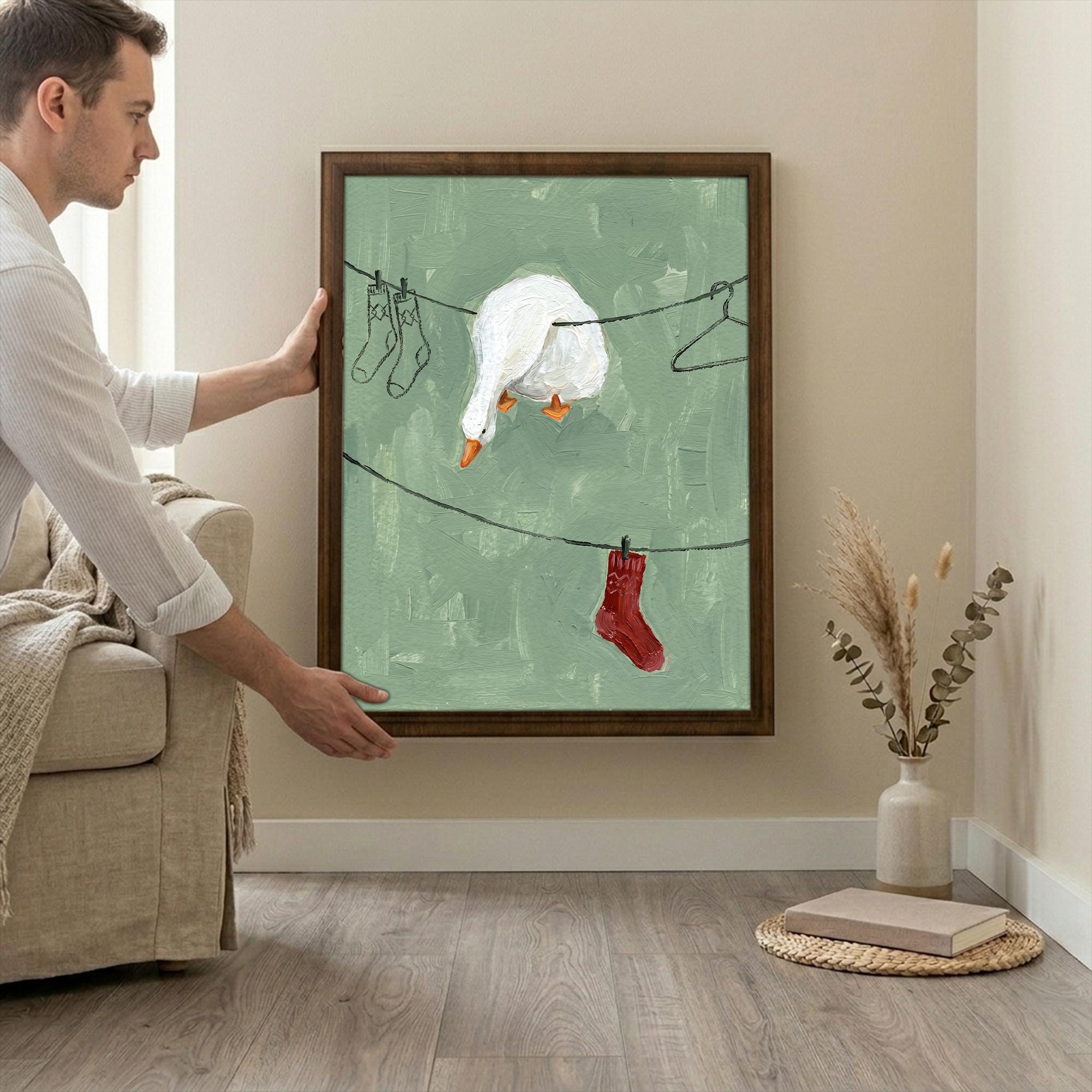 Funny goose wall art, Laundry room decor, Sage green wall art, Cute duck sign, Whimsical cottagecore art, Framed wood canvas, Goose print