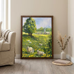 Farmhouse wall decor, Sheep landscape art, Country countryside print, Rustic meadow painting, Irish cottage sign, Framed wood canvas decor