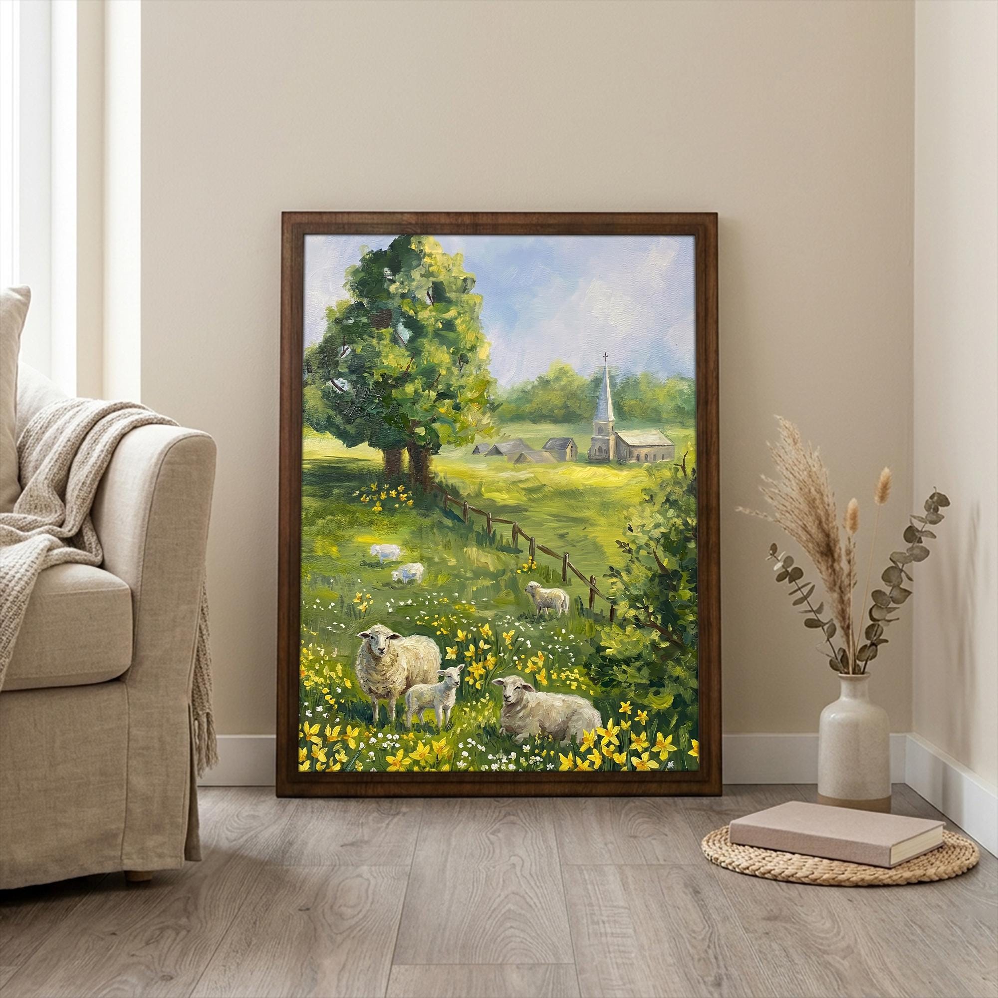 Farmhouse wall decor, Sheep landscape art, Country countryside print, Rustic meadow painting, Irish cottage sign, Framed wood canvas decor
