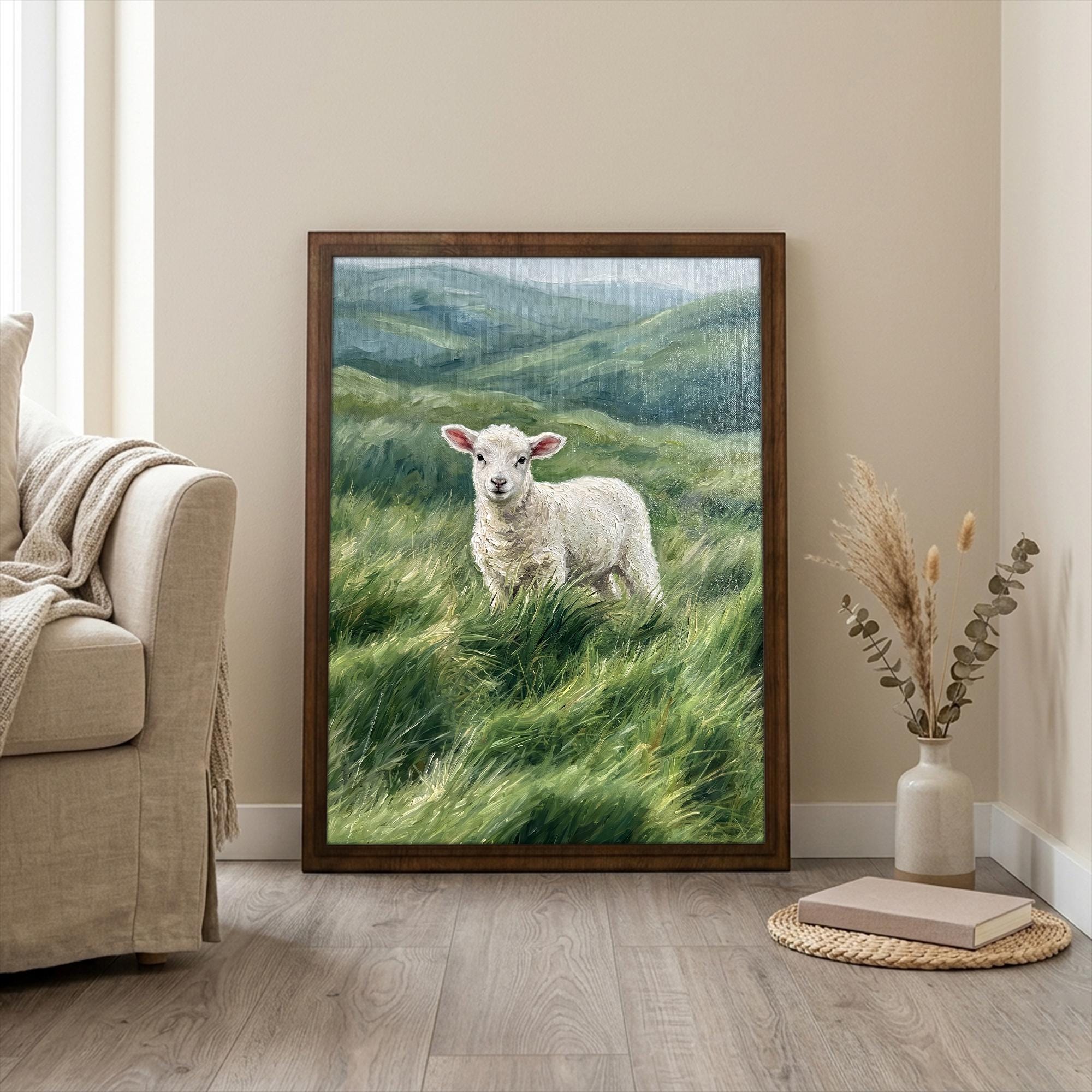 Cute lamb wall art, Farmhouse decor, Sweet baby sheep print, Nursery animal sign, Country highland art, Framed wood canvas, Cottagecore