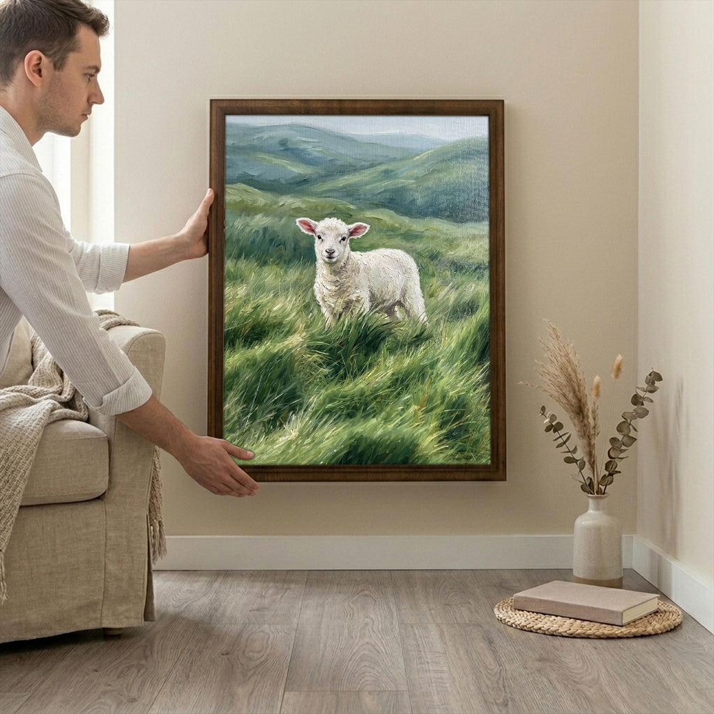 Cute lamb wall art, Farmhouse decor, Sweet baby sheep print, Nursery animal sign, Country highland art, Framed wood canvas, Cottagecore