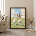 Farmhouse wall decor, Windmill landscape art, Cute lambs painting, Country meadow print, Rustic cottage sign, Framed wood canvas decor