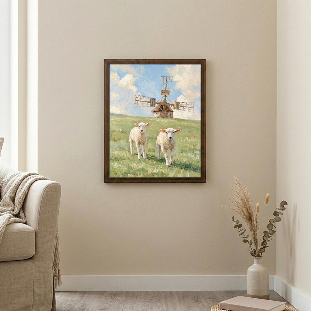 Farmhouse wall decor, Windmill landscape art, Cute lambs painting, Country meadow print, Rustic cottage sign, Framed wood canvas decor