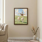 Farmhouse wall decor, Windmill landscape art, Cute lambs painting, Country meadow print, Rustic cottage sign, Framed wood canvas decor