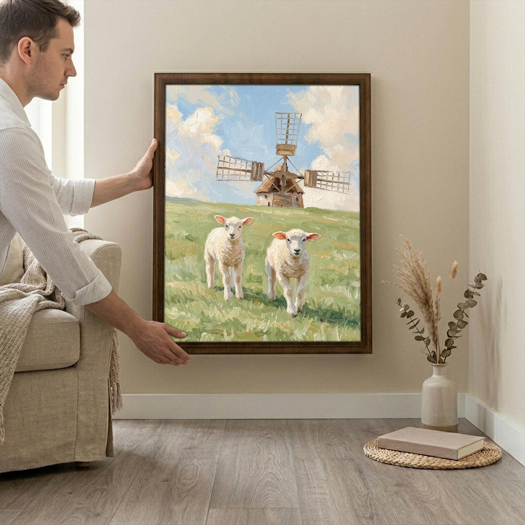 Farmhouse wall decor, Windmill landscape art, Cute lambs painting, Country meadow print, Rustic cottage sign, Framed wood canvas decor