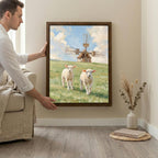 Farmhouse wall decor, Windmill landscape art, Cute lambs painting, Country meadow print, Rustic cottage sign, Framed wood canvas decor