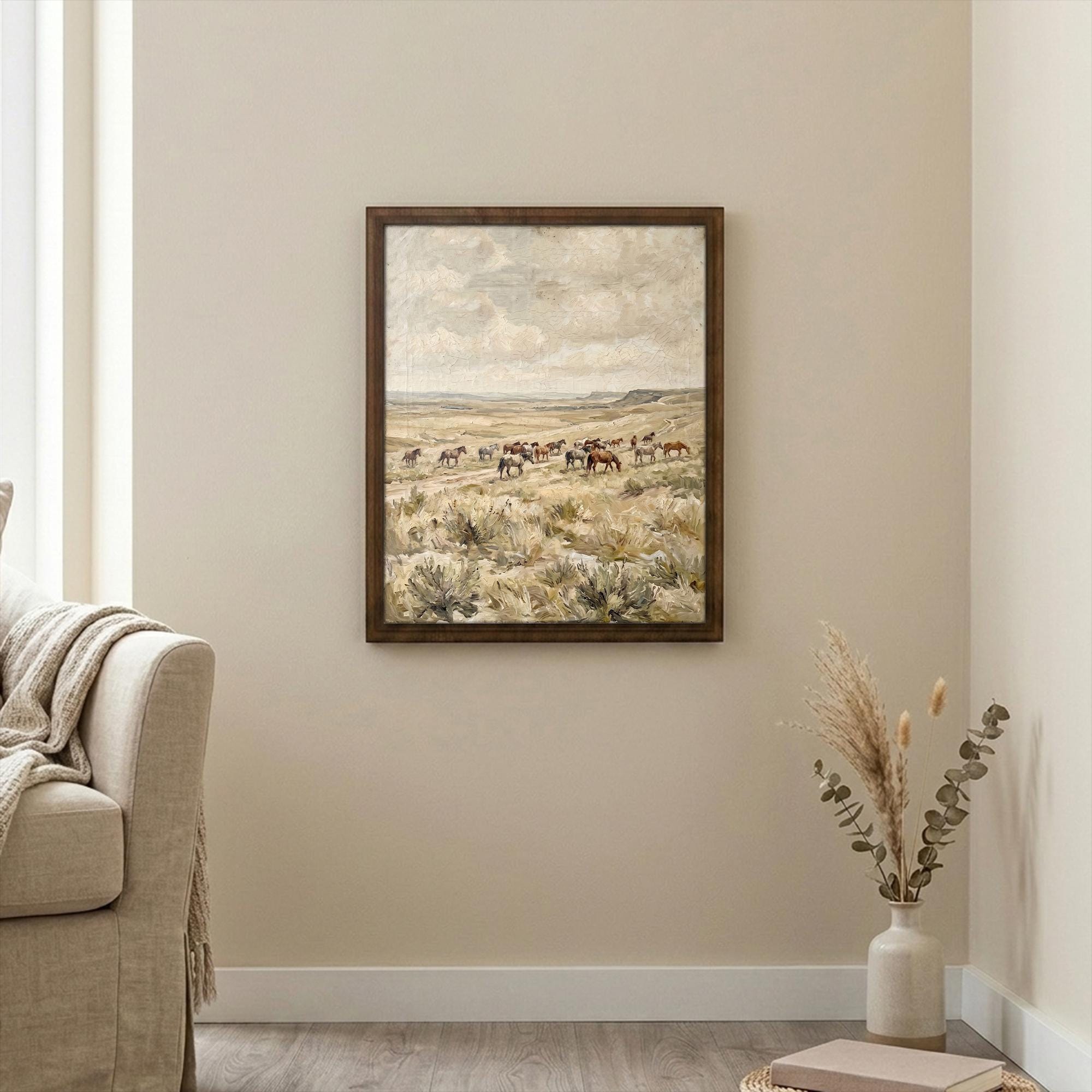Wild horse wall art, Western landscape print, Running horses painting, Vintage southwest decor, Rustic farmhouse sign, Framed wood canvas