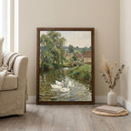 Duck pond wall art, Countryside landscape, Vintage cottage print, Rustic river painting, Farmhouse wall decor, Framed wood canvas art