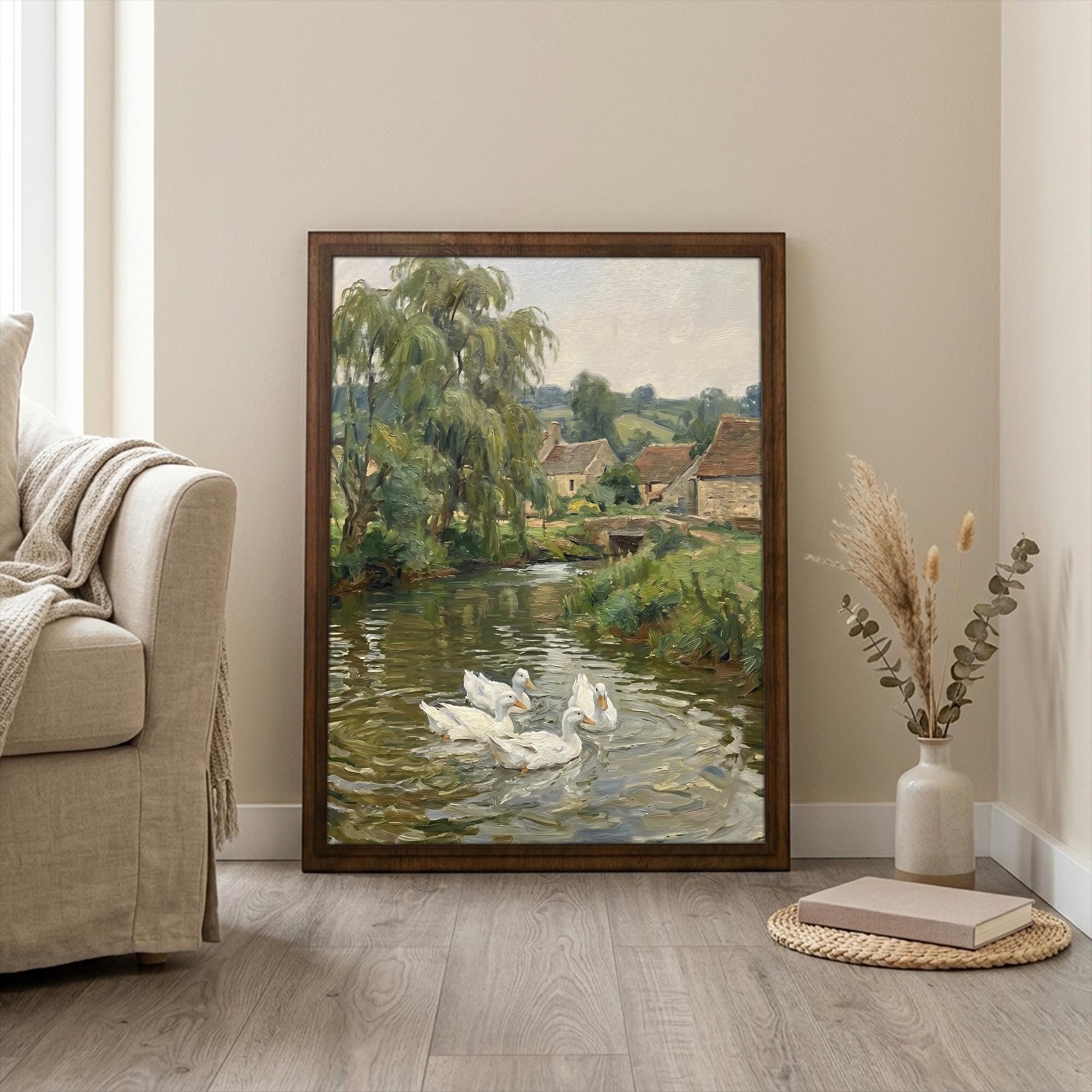 Duck pond wall art, Countryside landscape, Vintage cottage print, Rustic river painting, Farmhouse wall decor, Framed wood canvas art