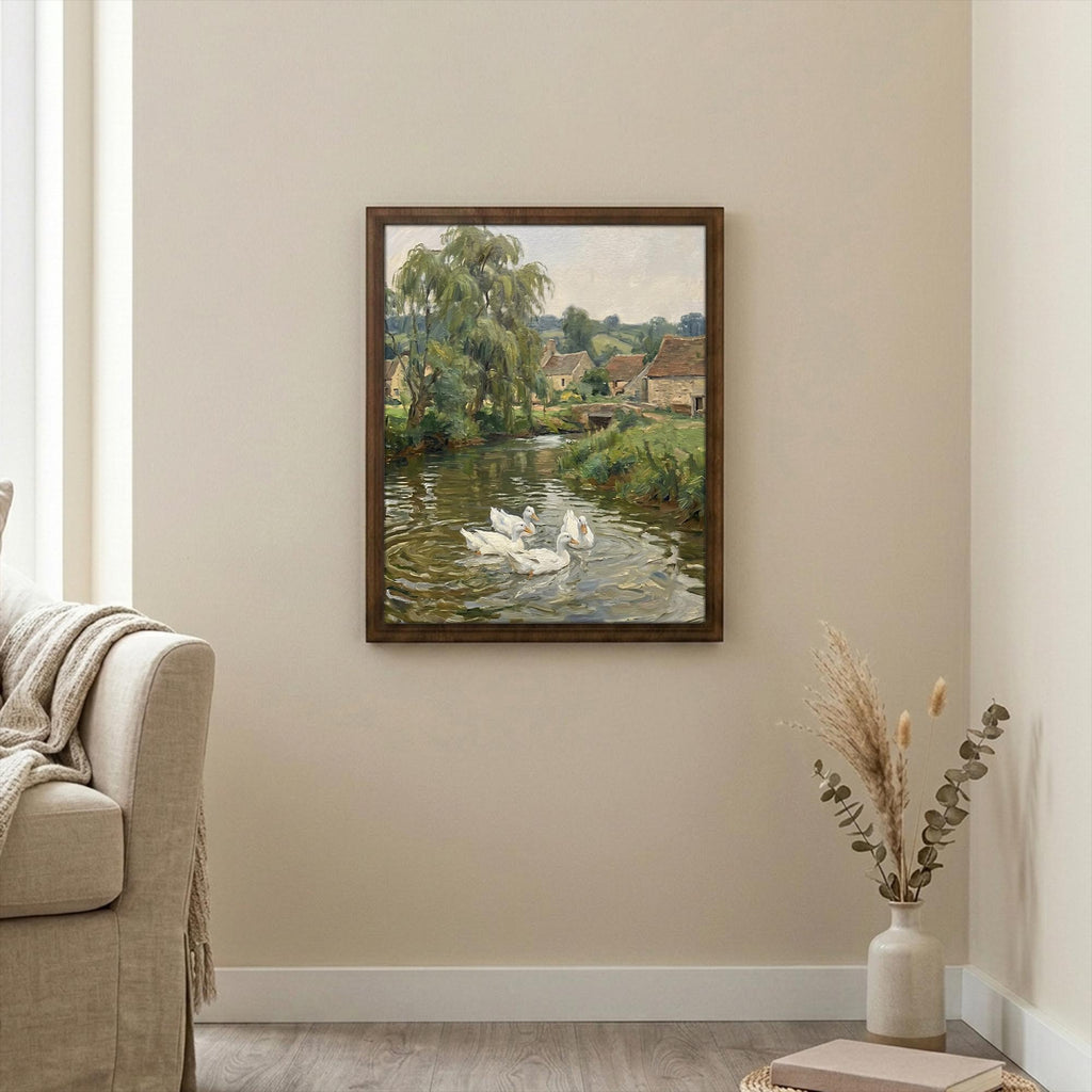 Duck pond wall art, Countryside landscape, Vintage cottage print, Rustic river painting, Farmhouse wall decor, Framed wood canvas art