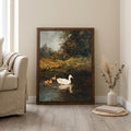 Framed Vintage Duck Painting, Antique Oil Painting Canvas, Moody White Duck Art, Rustic Farmhouse Decor, Country Pond Landscape Wall Art