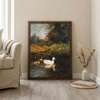 Framed Vintage Duck Painting, Antique Oil Painting Canvas, Moody White Duck Art, Rustic Farmhouse Decor, Country Pond Landscape Wall Art