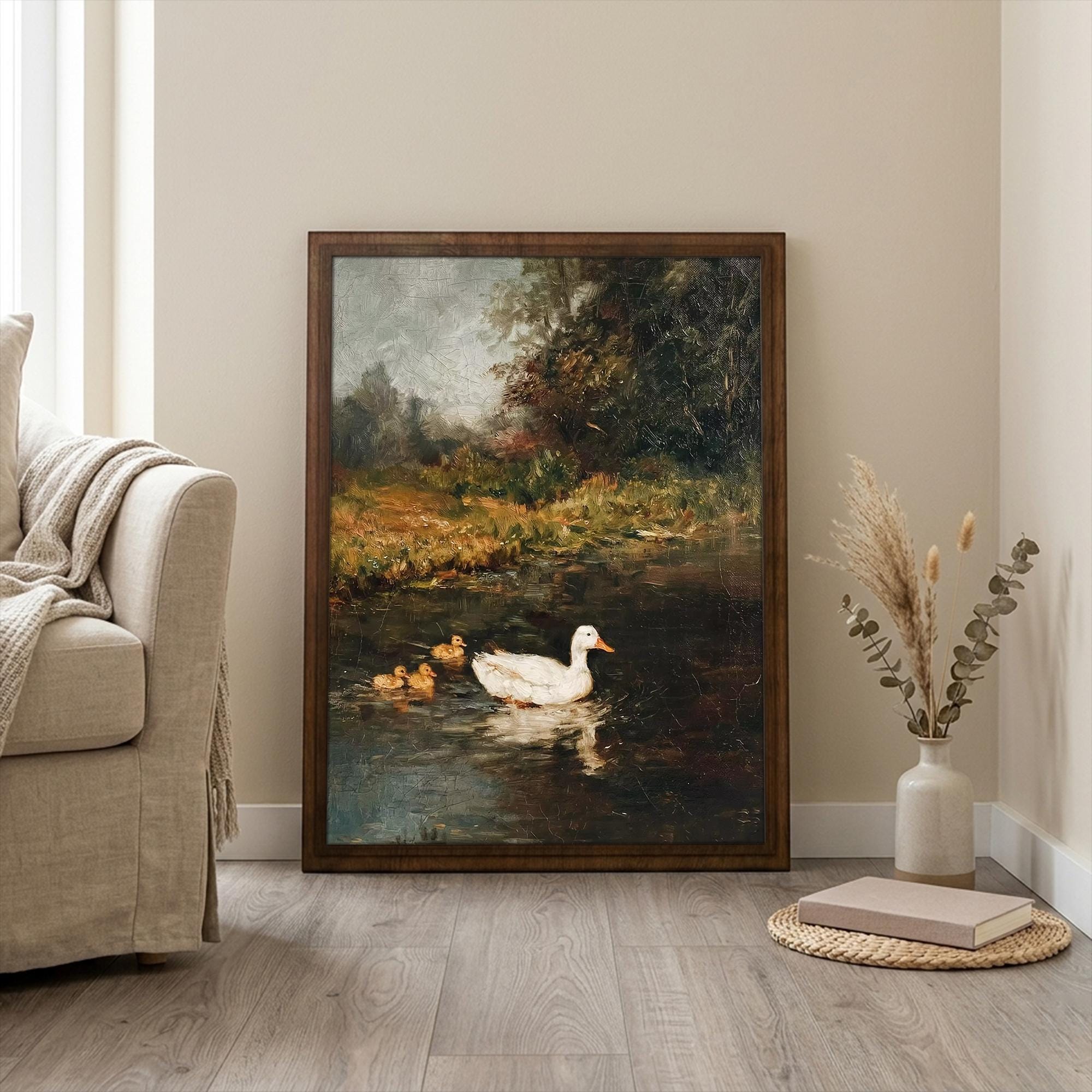 Framed Vintage Duck Painting, Antique Oil Painting Canvas, Moody White Duck Art, Rustic Farmhouse Decor, Country Pond Landscape Wall Art