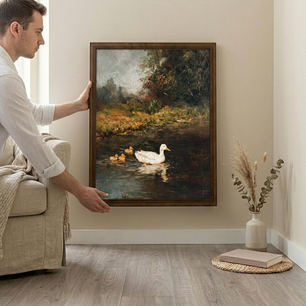 Framed Vintage Duck Painting, Antique Oil Painting Canvas, Moody White Duck Art, Rustic Farmhouse Decor, Country Pond Landscape Wall Art