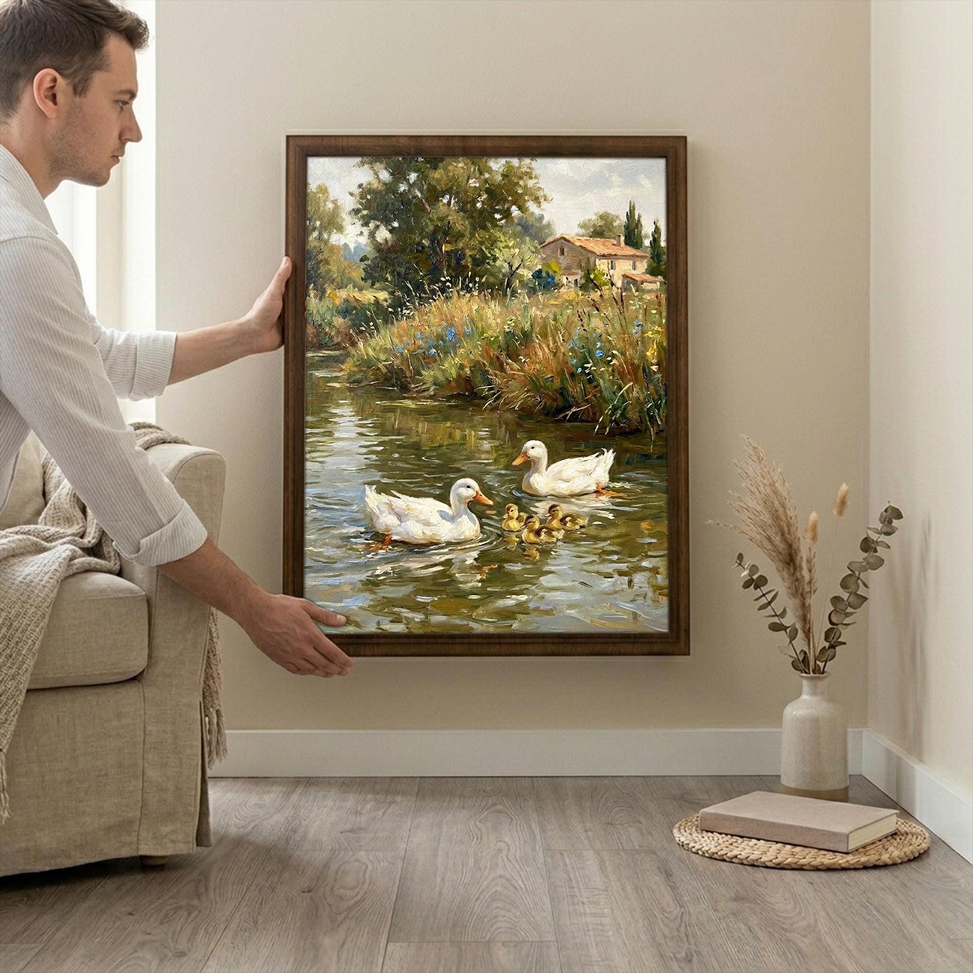 Duck Oil Painting, Countryside Landscape Wall Art, Farmhouse Decor, Framed Canvas Wood Art, Cottagecore Decor, Rustic Nature Art, Duck Print