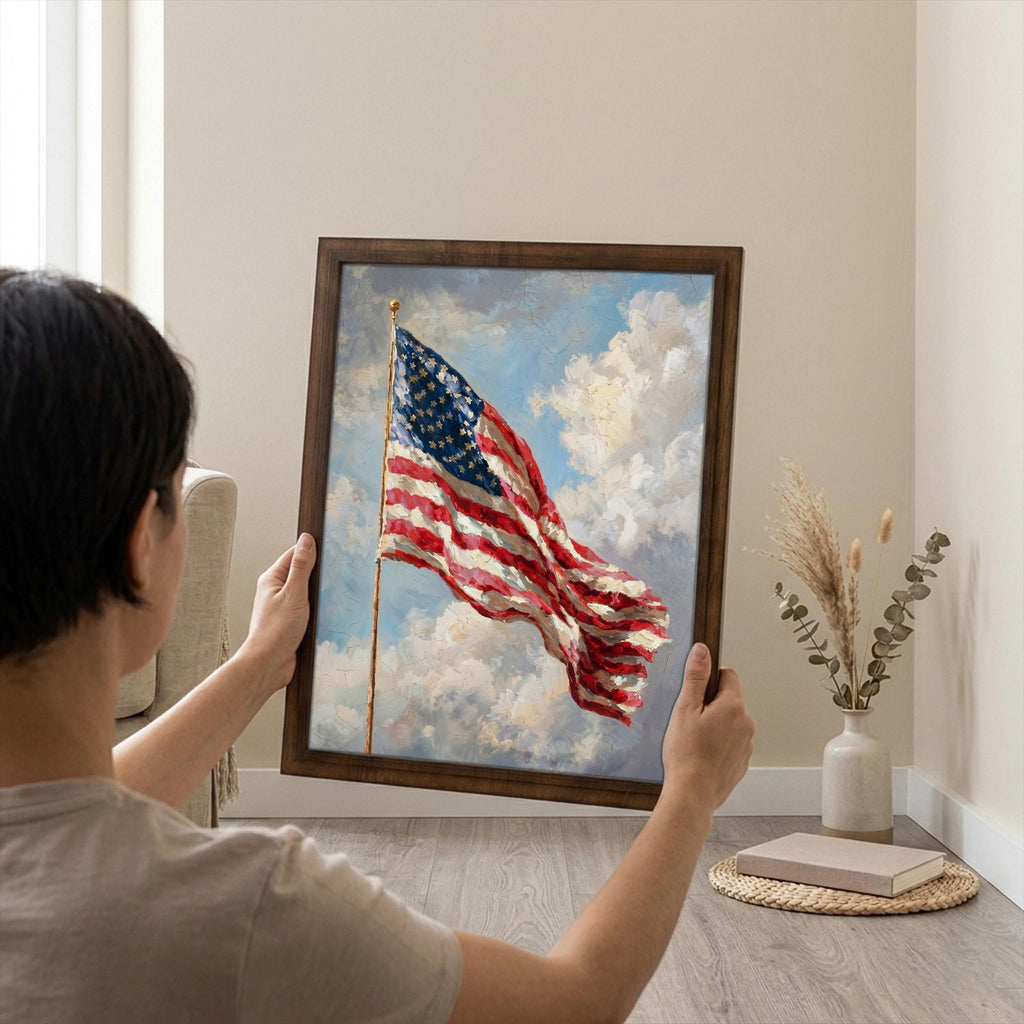 American Flag Wall Art, US Flag Oil Painting, Patriotic Home Decor, Framed Canvas Wood Art, 4th of July Decor, Vintage USA Flag, Flag Print
