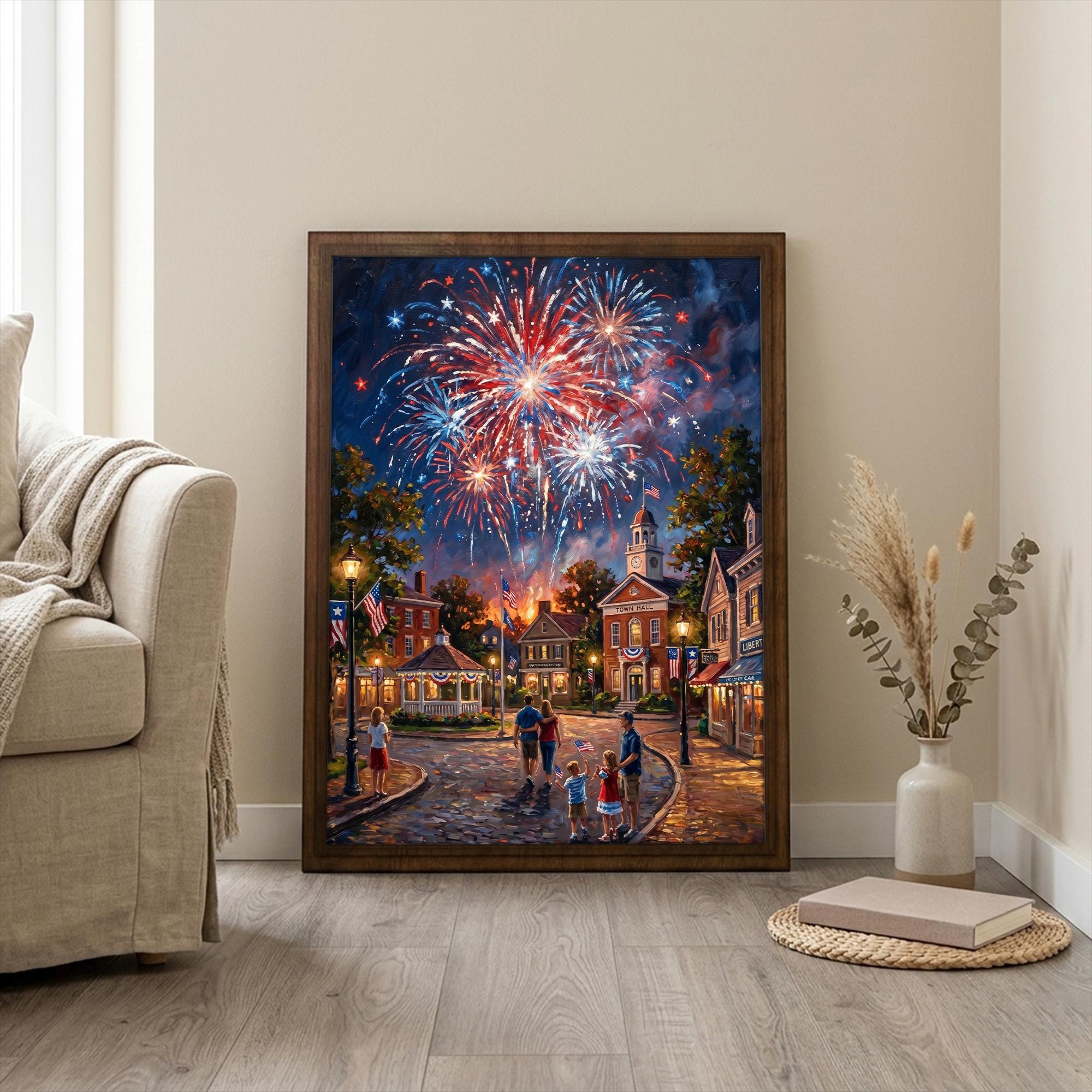 4th of July Wall Art, Fireworks Oil Painting, Patriotic Home Decor, Patriotic Family Art, Framed Canvas Wood Art, USA Town Decor, Flag Art