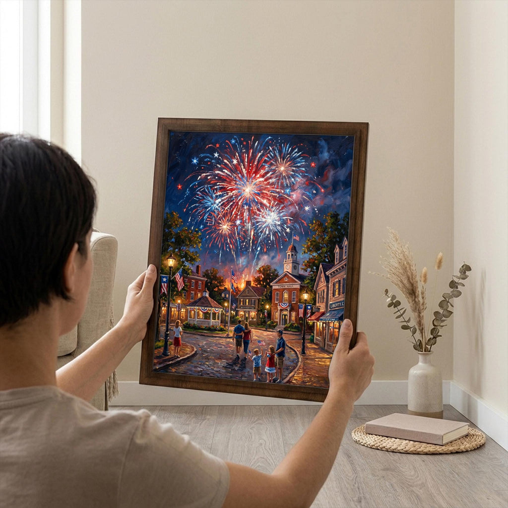 4th of July Wall Art, Fireworks Oil Painting, Patriotic Home Decor, Patriotic Family Art, Framed Canvas Wood Art, USA Town Decor, Flag Art