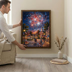 4th of July Wall Art, Fireworks Oil Painting, Patriotic Home Decor, Patriotic Family Art, Framed Canvas Wood Art, USA Town Decor, Flag Art