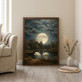 Framed Vintage Swan Painting, Large Moon Oil Painting Canvas, Antique Moonlight Wall Art, Dark Academia Decor, Celestial Night Landscape