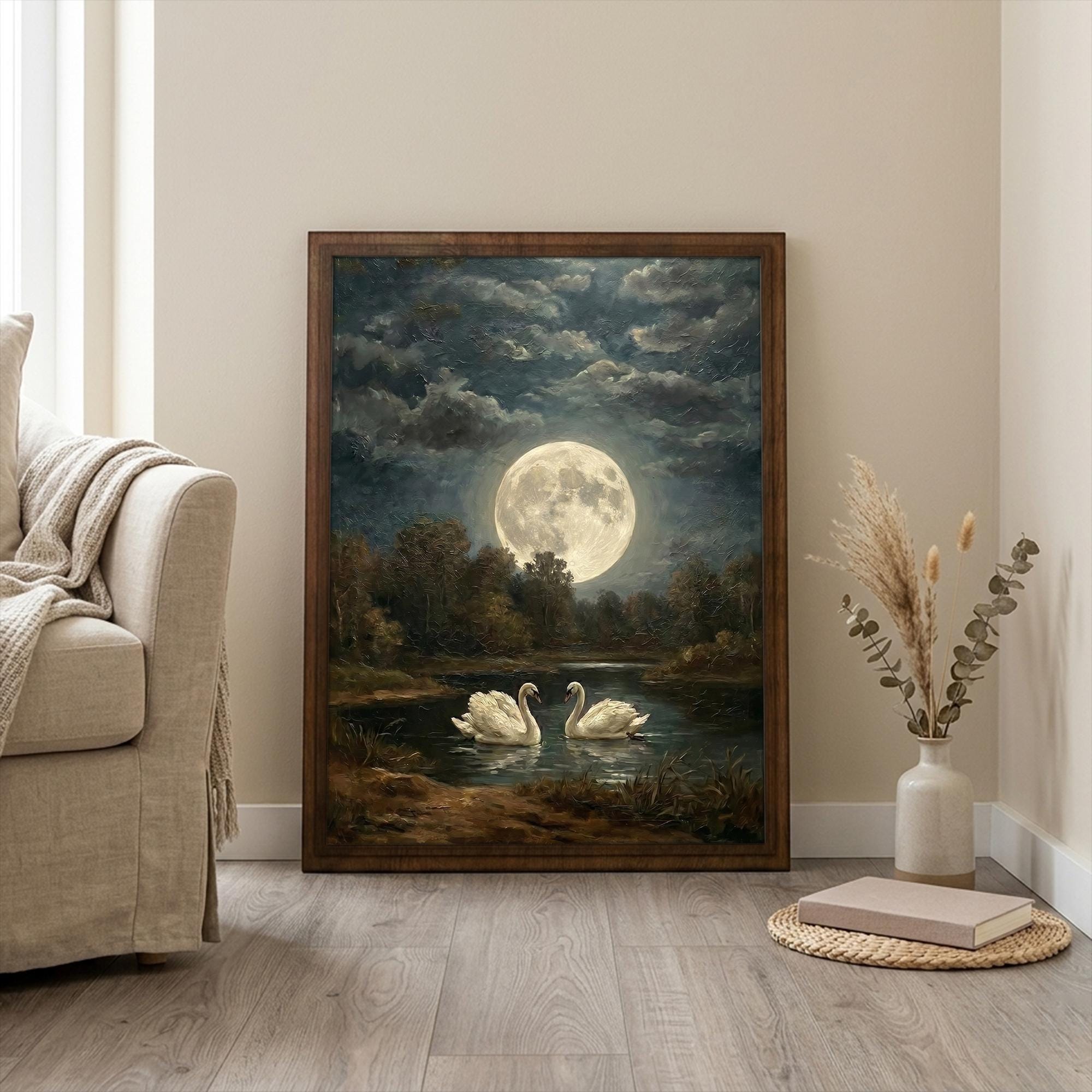 Framed Vintage Swan Painting, Large Moon Oil Painting Canvas, Antique Moonlight Wall Art, Dark Academia Decor, Celestial Night Landscape