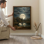 Framed Vintage Swan Painting, Large Moon Oil Painting Canvas, Antique Moonlight Wall Art, Dark Academia Decor, Celestial Night Landscape