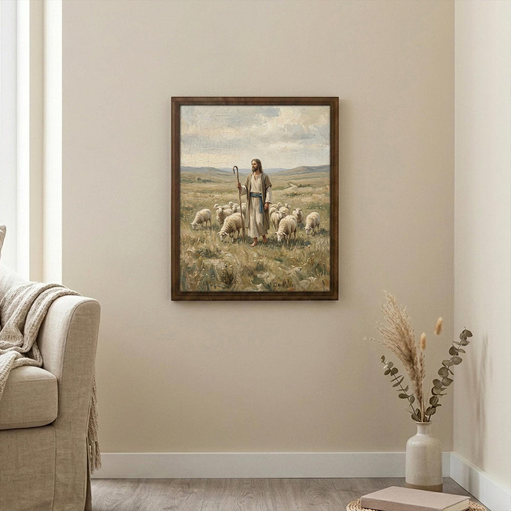 Jesus Good Shepherd, Christian Wall Art, Religious Oil Painting, Scripture Home Decor, Framed Canvas Wood Art, Catholic Gifts, Christ Print
