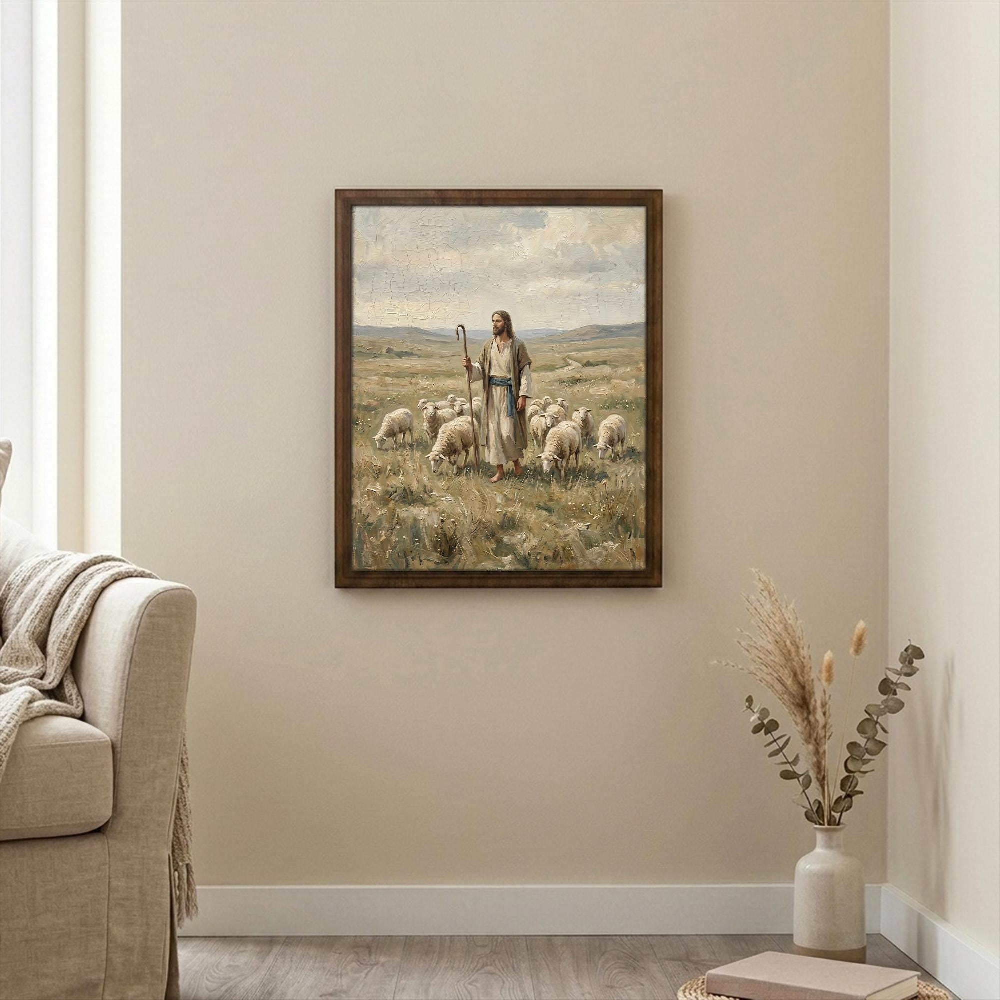 Jesus Good Shepherd, Christian Wall Art, Religious Oil Painting, Scripture Home Decor, Framed Canvas Wood Art, Catholic Gifts, Christ Print