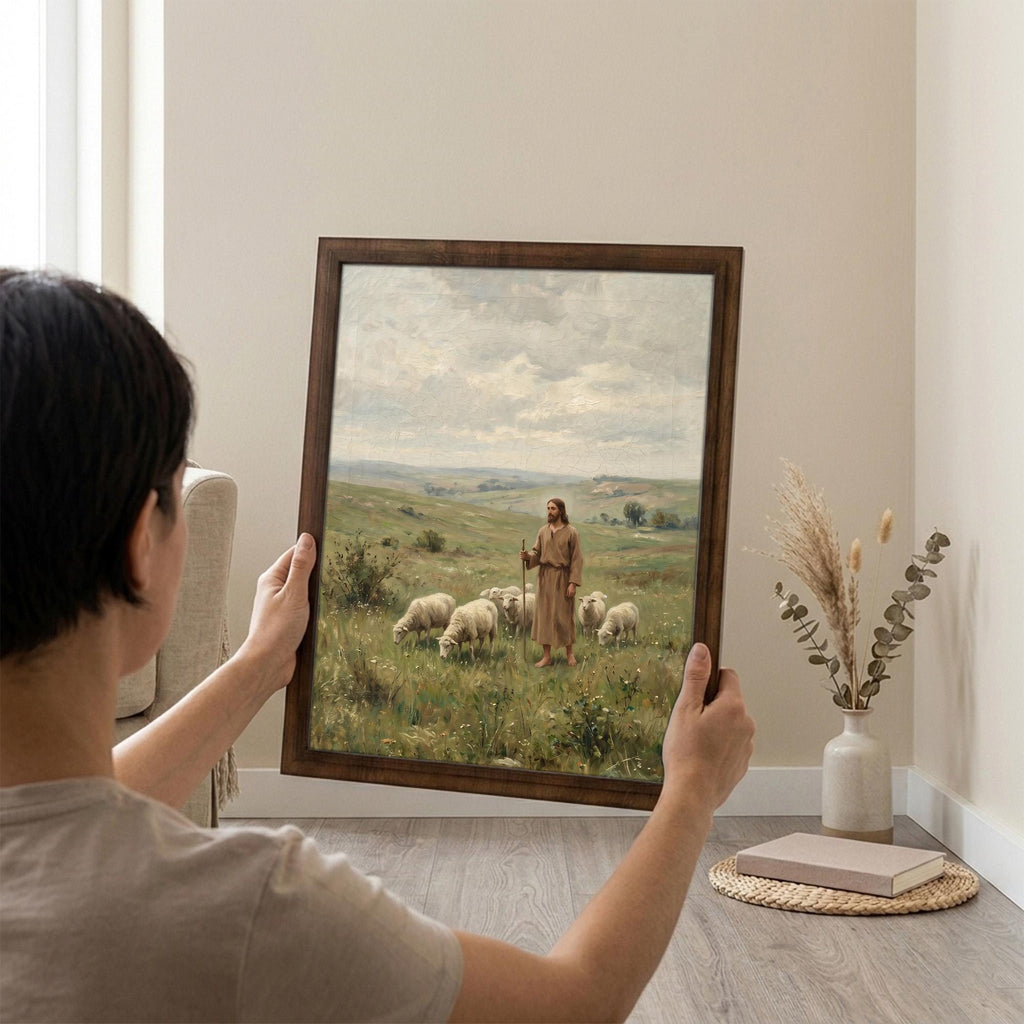 Jesus Good Shepherd, Christian Wall Art, Religious Oil Painting, Scripture Home Decor, Framed Canvas Wood Art, Catholic Gifts, Christ Print