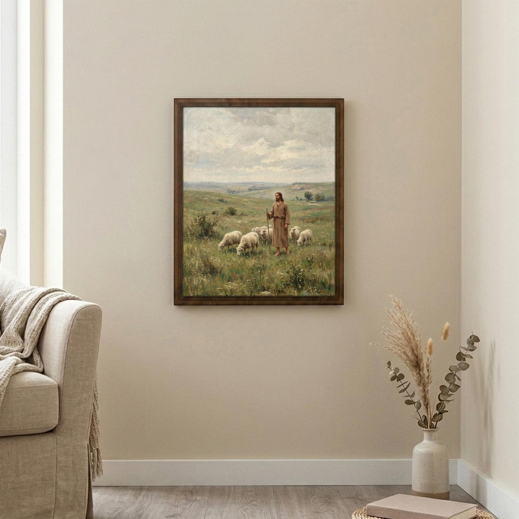 Jesus Good Shepherd, Christian Wall Art, Religious Oil Painting, Scripture Home Decor, Framed Canvas Wood Art, Catholic Gifts, Christ Print