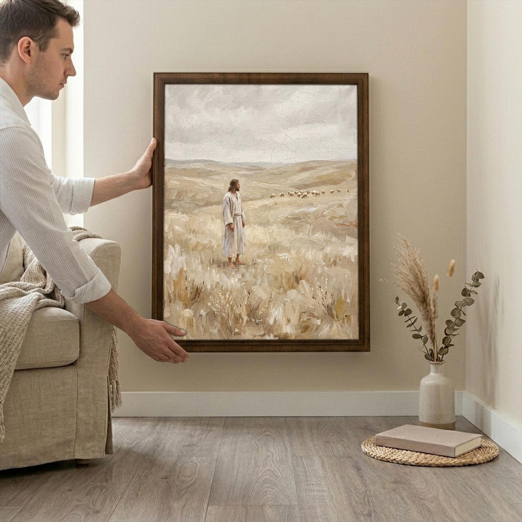 Jesus Good Shepherd, Christian Wall Art, Religious Oil Painting, Scripture Home Decor, Framed Canvas Wood Art, Catholic Gifts, Christ Print