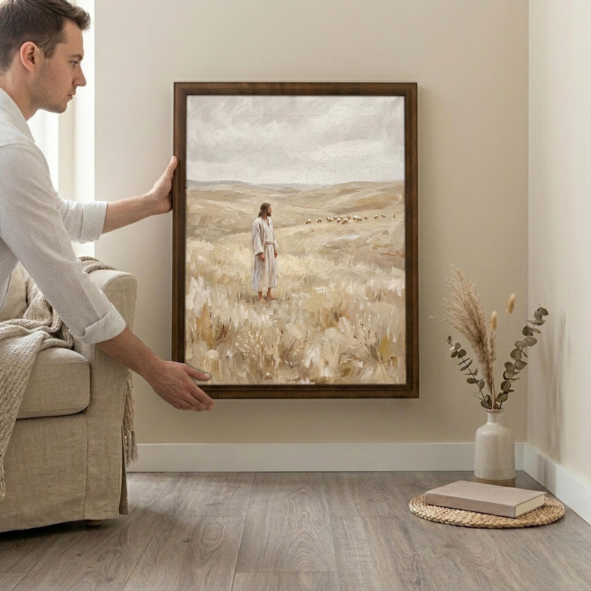 Jesus Good Shepherd, Christian Wall Art, Religious Oil Painting, Scripture Home Decor, Framed Canvas Wood Art, Catholic Gifts, Christ Print
