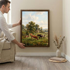 Cow Oil Painting, Farmhouse Wall Decor, Countryside Landscape Art, Framed Canvas Wood Art, Cottagecore Decor, Rustic Nature, Vintage Print