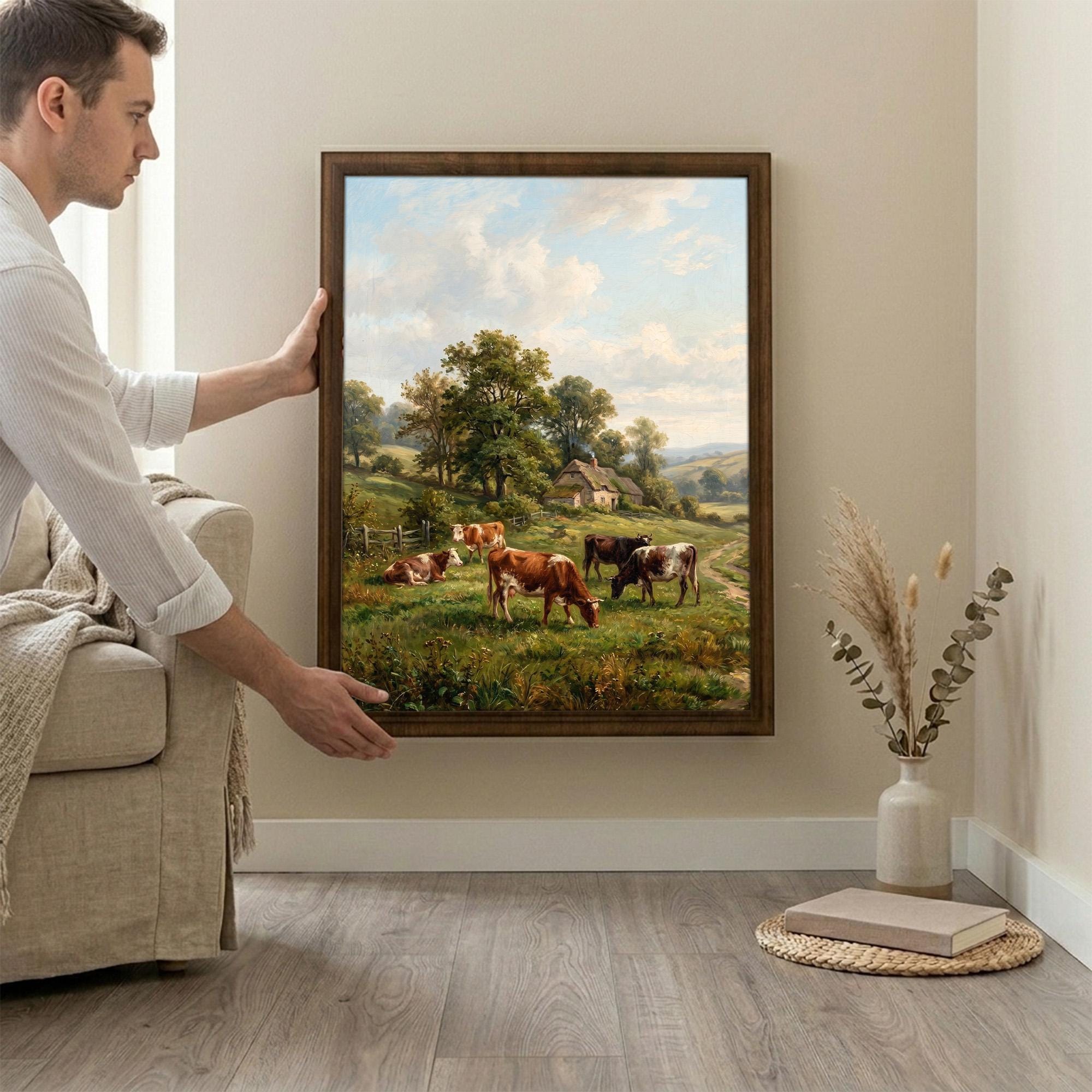 Cow Oil Painting, Farmhouse Wall Decor, Countryside Landscape Art, Framed Canvas Wood Art, Cottagecore Decor, Rustic Nature, Vintage Print