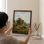 Cow Oil Painting, Farmhouse Wall Decor, Countryside Landscape Art, Framed Canvas Wood Art, Cottagecore Decor, Rustic Nature, Vintage Print