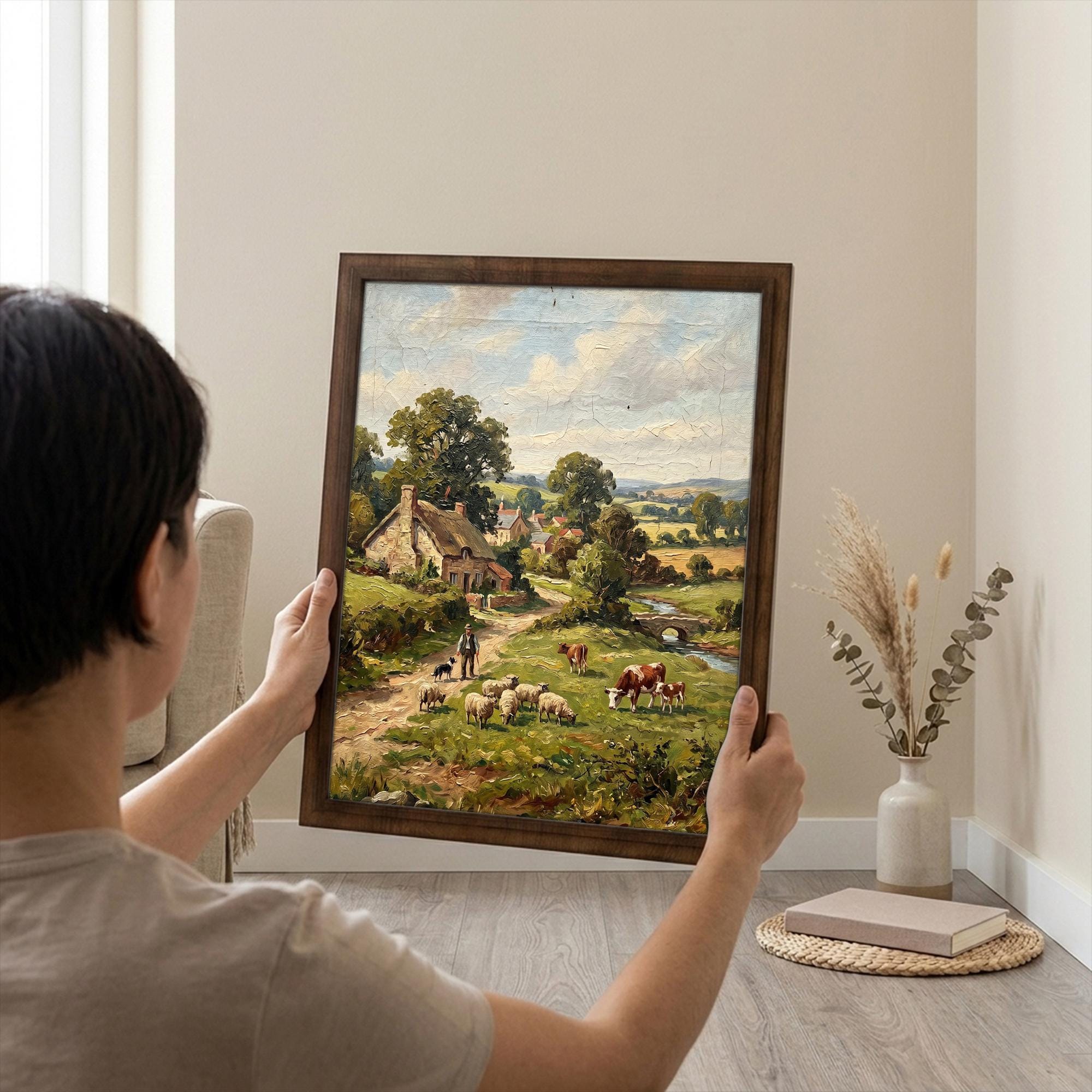 Countryside Landscape Art, Farmhouse Wall Decor, Vintage Village Painting, Framed Canvas Wood Art, Cottagecore Decor, Rustic Nature