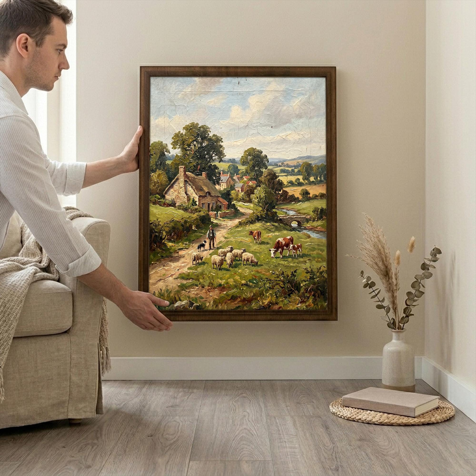 Countryside Landscape Art, Farmhouse Wall Decor, Vintage Village Painting, Framed Canvas Wood Art, Cottagecore Decor, Rustic Nature