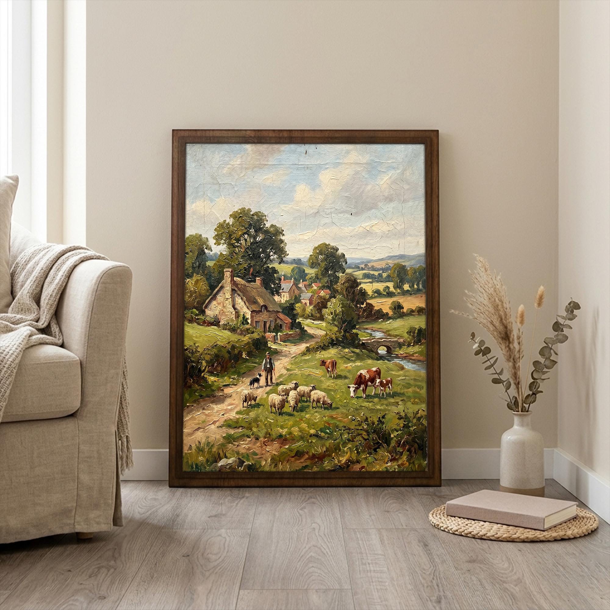 Countryside Landscape Art, Farmhouse Wall Decor, Vintage Village Painting, Framed Canvas Wood Art, Cottagecore Decor, Rustic Nature