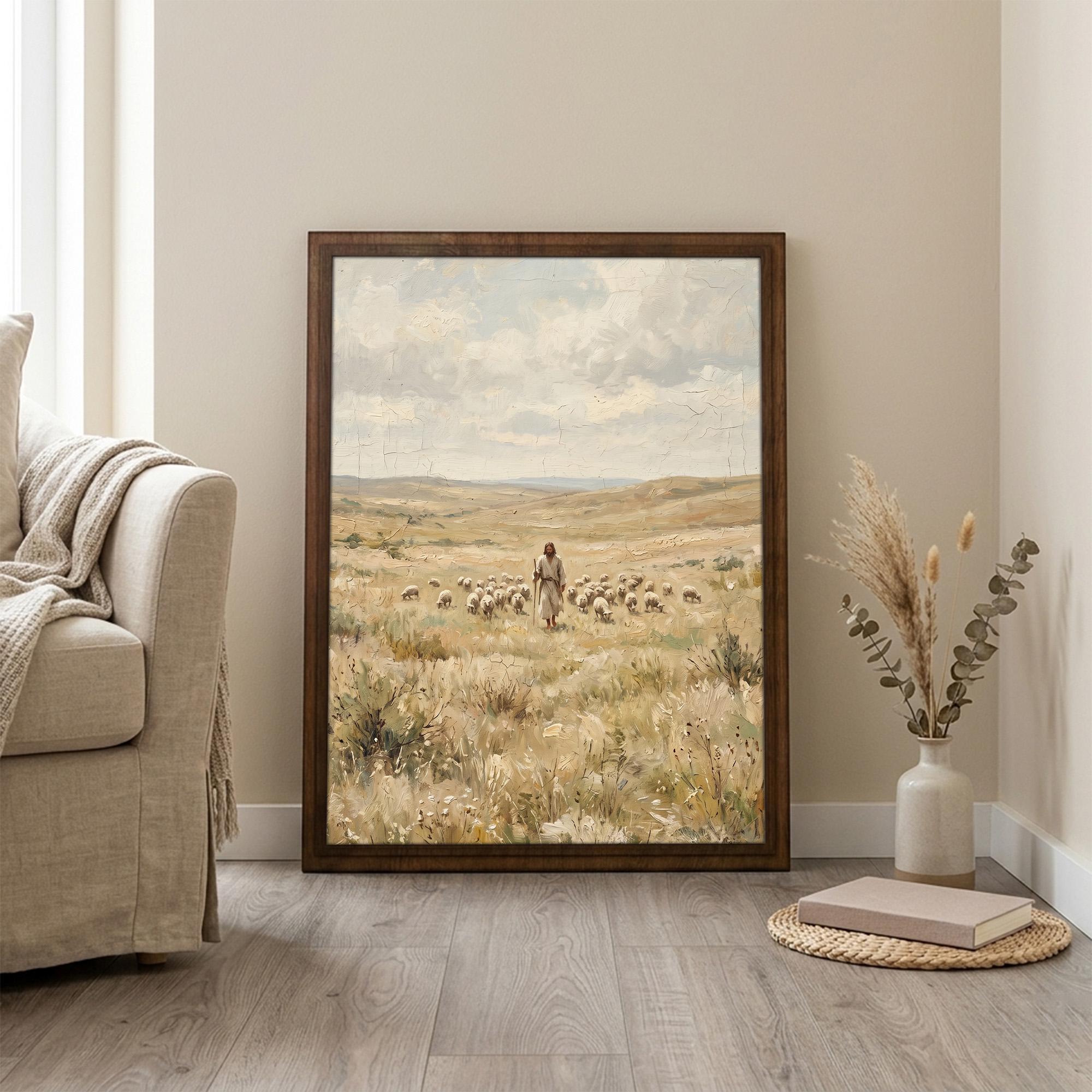Jesus Good Shepherd, Christian Wall Art, Religious Oil Painting, Scripture Home Decor, Framed Canvas Wood Art, Catholic Gifts, Christ Print