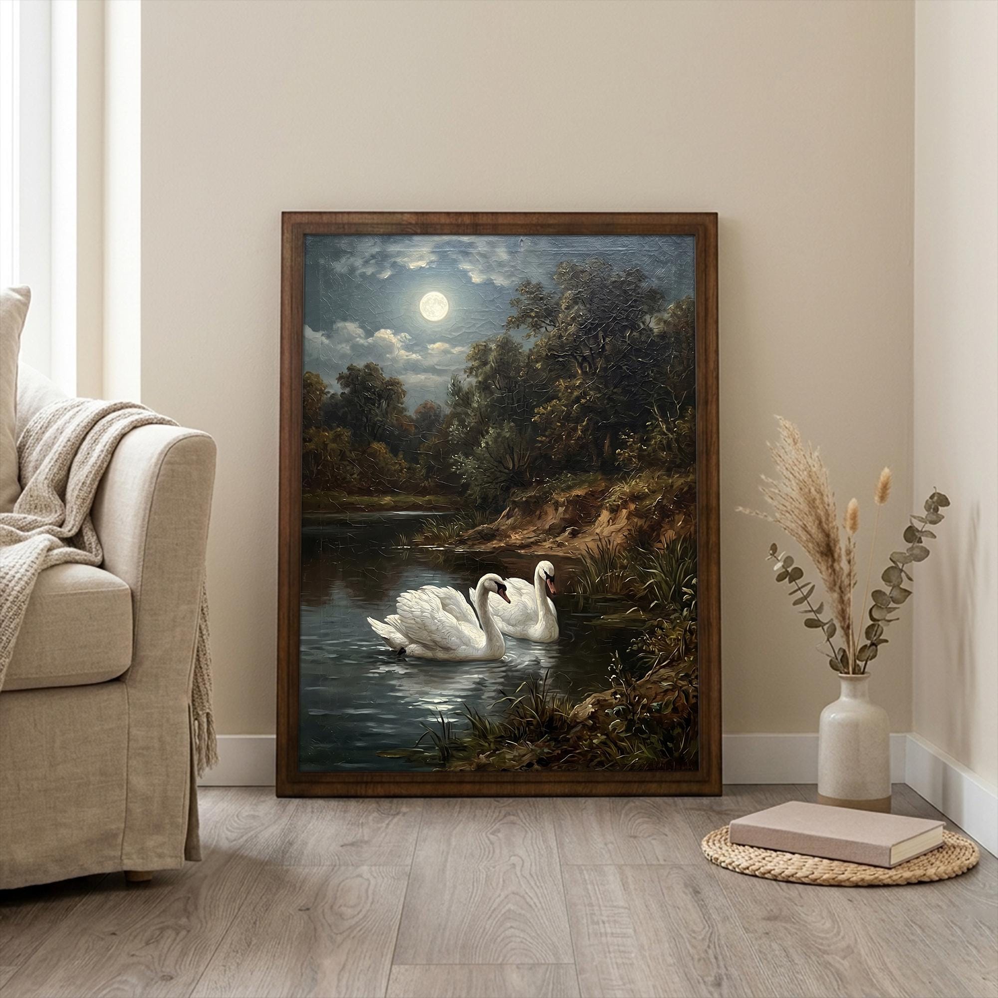 Framed Vintage Swan Painting, Moonlight Oil Painting Canvas, Antique Moon Wall Art, Dark Academia Decor, Night Landscape Cottagcore